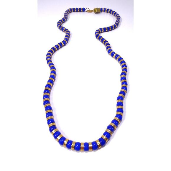 Neiman Marcus Lee Angel Navy Blue Gold Glass Bead Spacer Long Necklace NWT 350 - Picture 4 of 13